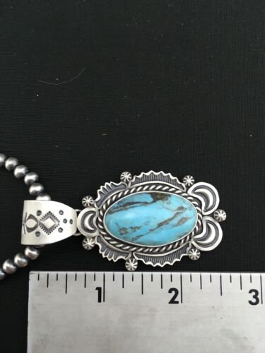 Navajo Blue Turquoise Pendant Necklace | Sterling Silver | 2.75" | Authentic Native American Handmade | 1302