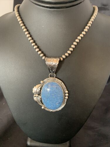 Navajo Denim Lapis Necklace with Pendant | Sterling Silver | Authentic Native American Handmade | 12443