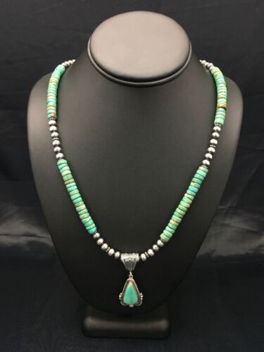 Navajo Green Turquoise Pendant Necklace | Sterling Silver | Authentic Native American Handmade | 2646