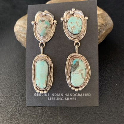 Navajo Blue Dry Creek Turquoise Post Dangle Earrings | Sterling Silver | Authentic Native American Handmade | 13875