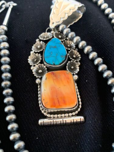 Navajo Kingman Turquoise & Spiny Oyster Pendant Necklace | Sterling Silver | Authentic Native American Handmade | 4575