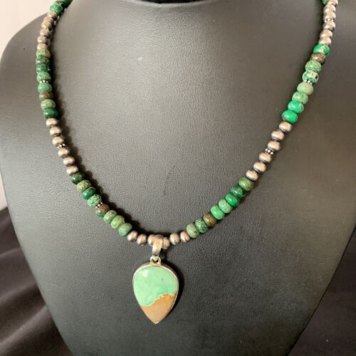 Navajo Green Turquoise Pendant Necklace | Sterling Silver Beads | Authentic Native American Handmade | 13366
