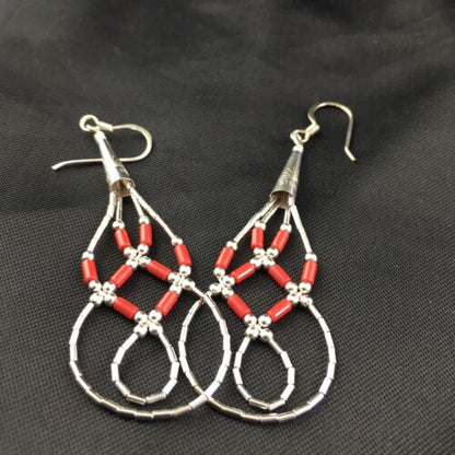 Native American Red Coral Tube Heishi Dangle Earrings | Liquid Sterling Silver | 2" | 3104