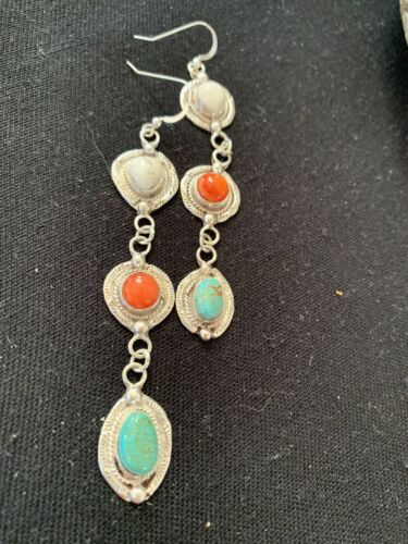 Navajo Spiny, Turquoise & Howlite Dangle Earrings | Sterling Silver | Authentic Native American Handmade | 1570