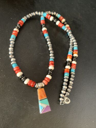 Navajo Multi-Color Turquoise Onyx Inlay Pendant Necklace | Sterling Silver | 13798