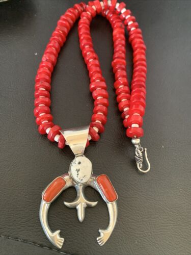Navajo White Buffalo Turquoise Coral Naja Pendant | Sterling Silver | Authentic Native American Handmade | 10519