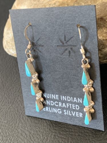 Zuni Handmade Kingman Turquoise Needle Point Dangle Earrings | Sterling Silver | 13024
