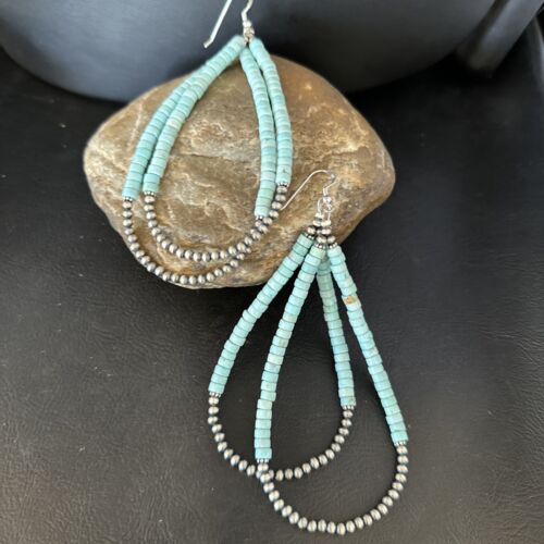 Navajo Turquoise Heishi Beads Earrings | Sterling Silver | 5" | Authentic Native American Handmade | 14295