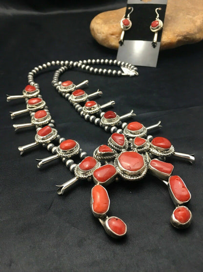 Navajo Coral Naja Pendant | Sterling Silver Squash Blossom Necklace & Earrings Set | 4176 - Masha USA