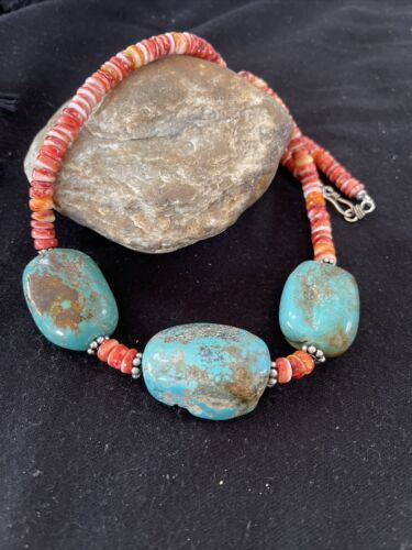 Chunky Turquoise Navajo Pearls | Sterling Silver | Red Spiny Oyster | 22" | Necklace 1239