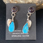 Navajo Sterling Silver Dangle Leaf Earrings | Purple Sugilite & Blue Turquoise | 13443