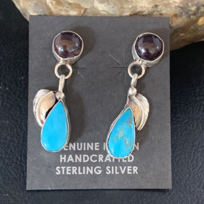 Navajo Sterling Silver Dangle Leaf Earrings | Purple Sugilite & Blue Turquoise | 13443