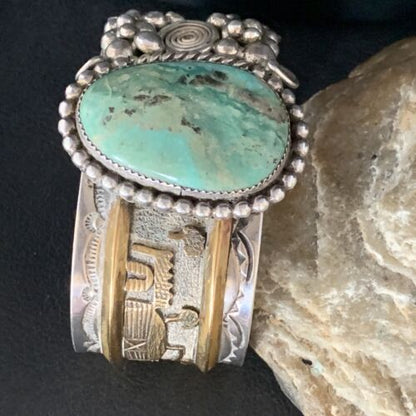 Navajo Green Turquoise Cuff Bracelet | Sterling Silver & 12K Gold | Authentic Native American Handmade | 14116 - Masha USA