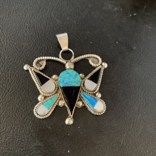 Zuni Butterfly Opal Mother of Pearl Onyx Inlay Pendant Necklace | Sterling Silver | 14207