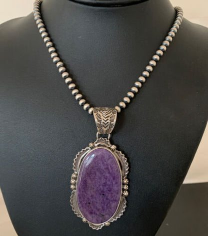 Southwestern Navajo Pearls Necklace | Sterling Silver Charoite Pendant | Authentic Native American Handmade | 1280