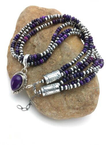 Navajo Pearls Sugilite Bead Necklace Pendant Set | 3-Strand Sterling Silver | 21" | 2885