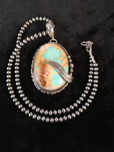 Royston Turquoise Pendant | Navajo Pearls Sterling Silver Necklace | Authentic Native American Handmade | 8730