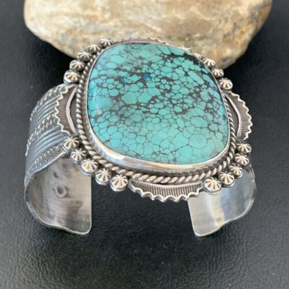 Men's Navajo Blue Spiderweb Turquoise Cuff Bracelet | Sterling Silver | Authentic Native American Handmade | 1631
