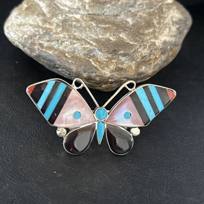 Zuni Butterfly Inlay Ring | Coral Turquoise Onyx Mother of Pearl | Sz 7 | Sterling Silver | 14435