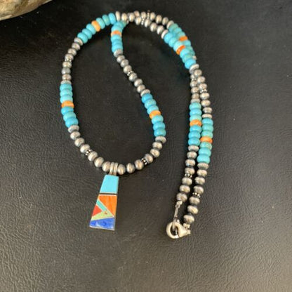 Navajo Sterling Silver Necklace | Blue Turquoise Coral Inlay Pendant | Southwestern |13841