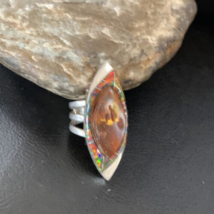 Navajo Sterling Silver Opal Inlay Ring with Amber | Sz 9 | Authentic Native American Handmade | Pomellato | 12849