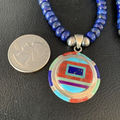 Authentic Native American Navajo Necklace | Sterling Silver with Turquoise, Lapis & Opal Pendant | 13981