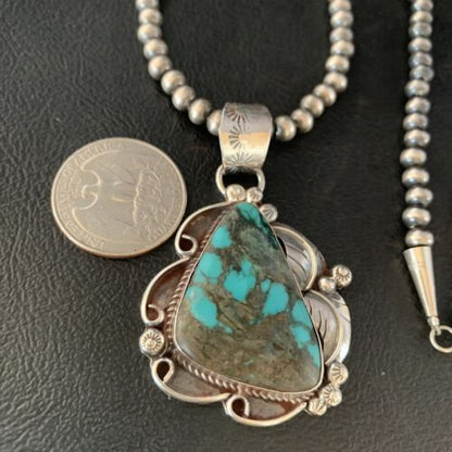 Navajo Spiderweb Turquoise Pendant Necklace | Sterling Silver | 2.25" | Authentic Native American Handmade | 14060