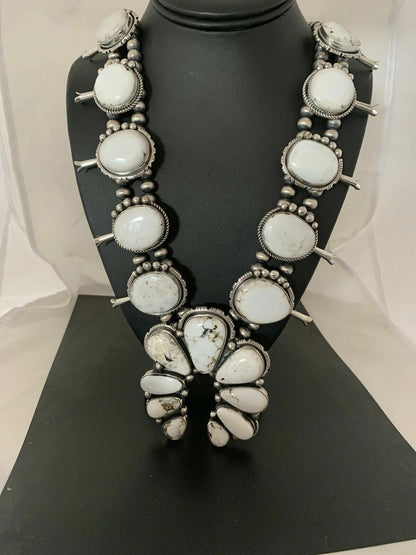 Navajo White Buffalo Turquoise Naja Pendant | Sterling Silver Squash Blossom Necklace | 21" | 00629 - Masha USA