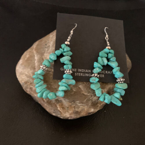 Navajo Turquoise Bead Nugget Earrings | Sterling Silver Pearls | 2" | Authentic Native American Handmade | 12888