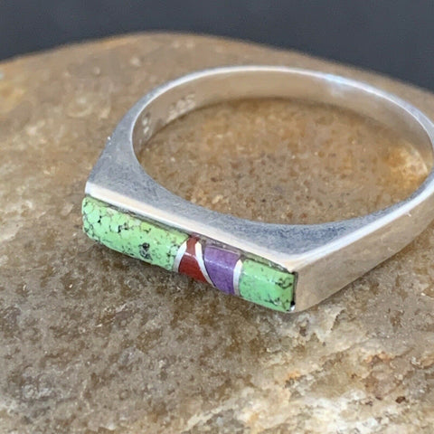 Native American Navajo Green Gaspiete Sugilite Red Coral Inlay Ring S 8.25 10986