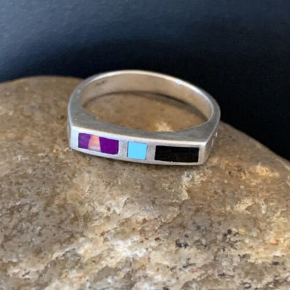 Navajo Blue Lapis Turquoise Purple Spiny Oyster Inlay Ring | Sz 7 | Authentic Native American Handmade | 11141