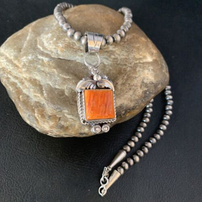 Navajo Orange Spiny Oyster Square Pendant Necklace | Sterling Silver | Authentic Native American Handmade | 13642