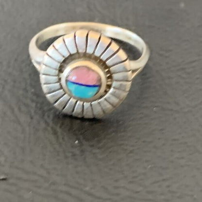 Navajo Blue Turquoise Coral Inlay Ring | Sz 7.5 | Authentic Native American Handmade | 11204