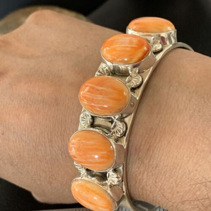Native American Navajo Orange Spiny Oyster Row Cuff Bracelet | Sterling Silver | 1409