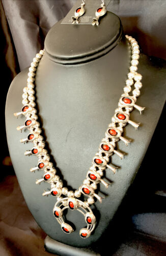 Navajo Coral Squash Blossom Necklace & Earrings Set | Sterling Silver | Authentic Native American Handmade | 13361