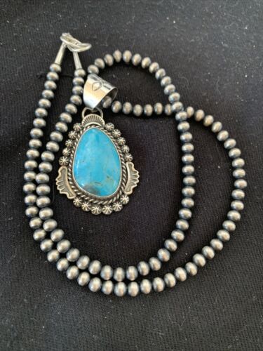 Men's Navajo Pearls Necklace | Sterling Silver Blue Kingman Turquoise Pendant | Native American Handmade | 793