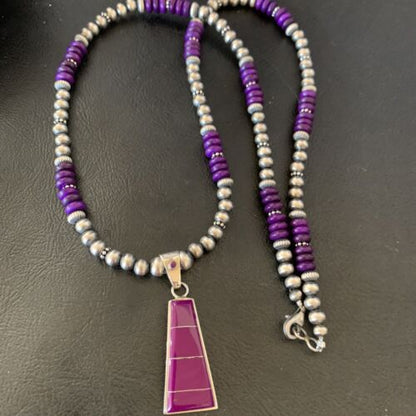 Navajo Pearl Necklace Purple Sugilite Inlay Pendant | Sterling Silver | Authentic Native American Handmade | 12620