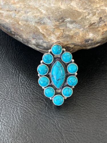 Navajo Blue Cluster Turquoise Ring | Authentic Native American Sterling Silver | Multi-Stone | Sz 8 | 12307