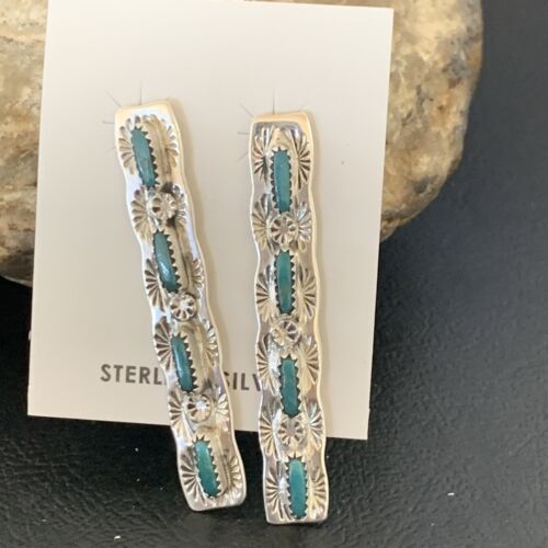 USA XL Blue Turquoise Handmade Navajo Sterling Dangle Earrings 2" Long 12121