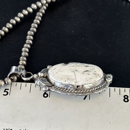 Navajo White Buffalo Turquoise Pendant Necklace | Sterling Silver | Authentic Native American Handmade | 14244