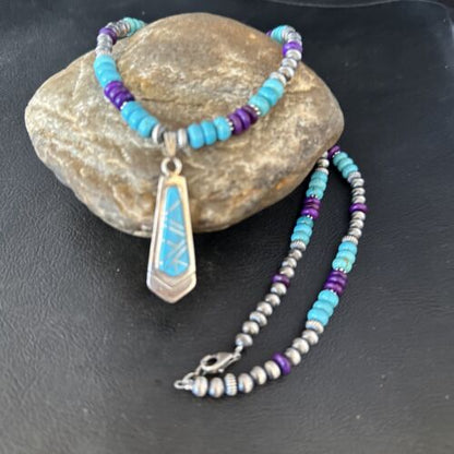 Navajo Blue Turquoise Sugilite Pendant | Sterling Silver Inlay Necklace | Authentic Native American Handmade | 14641