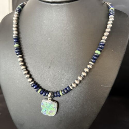 Navajo Green Turquoise Lapis Necklace with Opal Pendant | Sterling Silver | Authentic Native American Handmade | 14368
