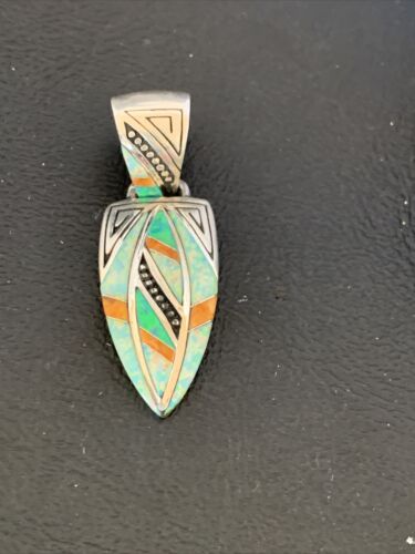 Navajo Spiny White Green Opal Inlay Pendant | Sterling Silver | Authentic Native American Handmade | 12481