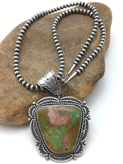Royston Turquoise Pendant | Navajo Pearls Sterling Silver Necklace | Authentic Native American Handmade | 4276