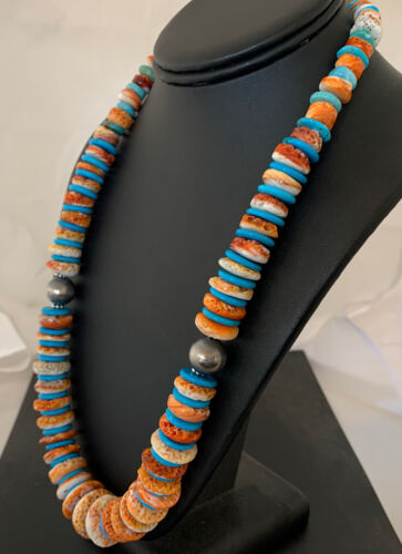Navajo Pearls & Spiny Oyster Turquoise Necklace | Sterling Silver | Graduated | Authentic Native American | 23" | 00744