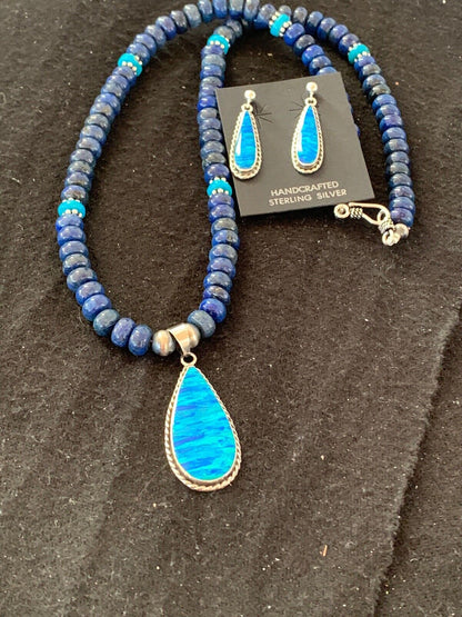 Navajo Opal Pendant with Lapis & Turquoise Necklace and Earrings Set | Sterling Silver | Authentic Native American Handmade | 4328