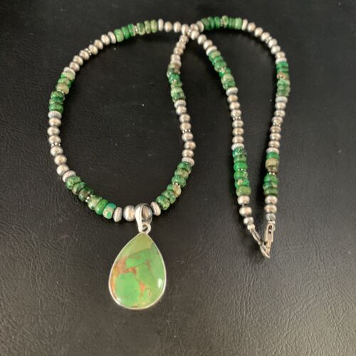 Navajo Green Mojave Turquoise Pendant Necklace | Sterling Silver | Native American Handmade | 13466