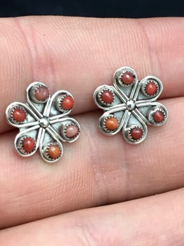 Native American Zuni Cluster Necklace and Coral Earrings Set | Sterling Silver | 0.6" | 1074