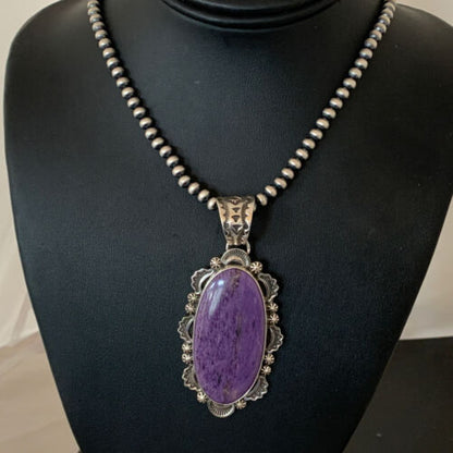 Southwestern Navajo Pearls Necklace | Sterling Silver Charoite Pendant | Authentic Native American Handmade | 01279