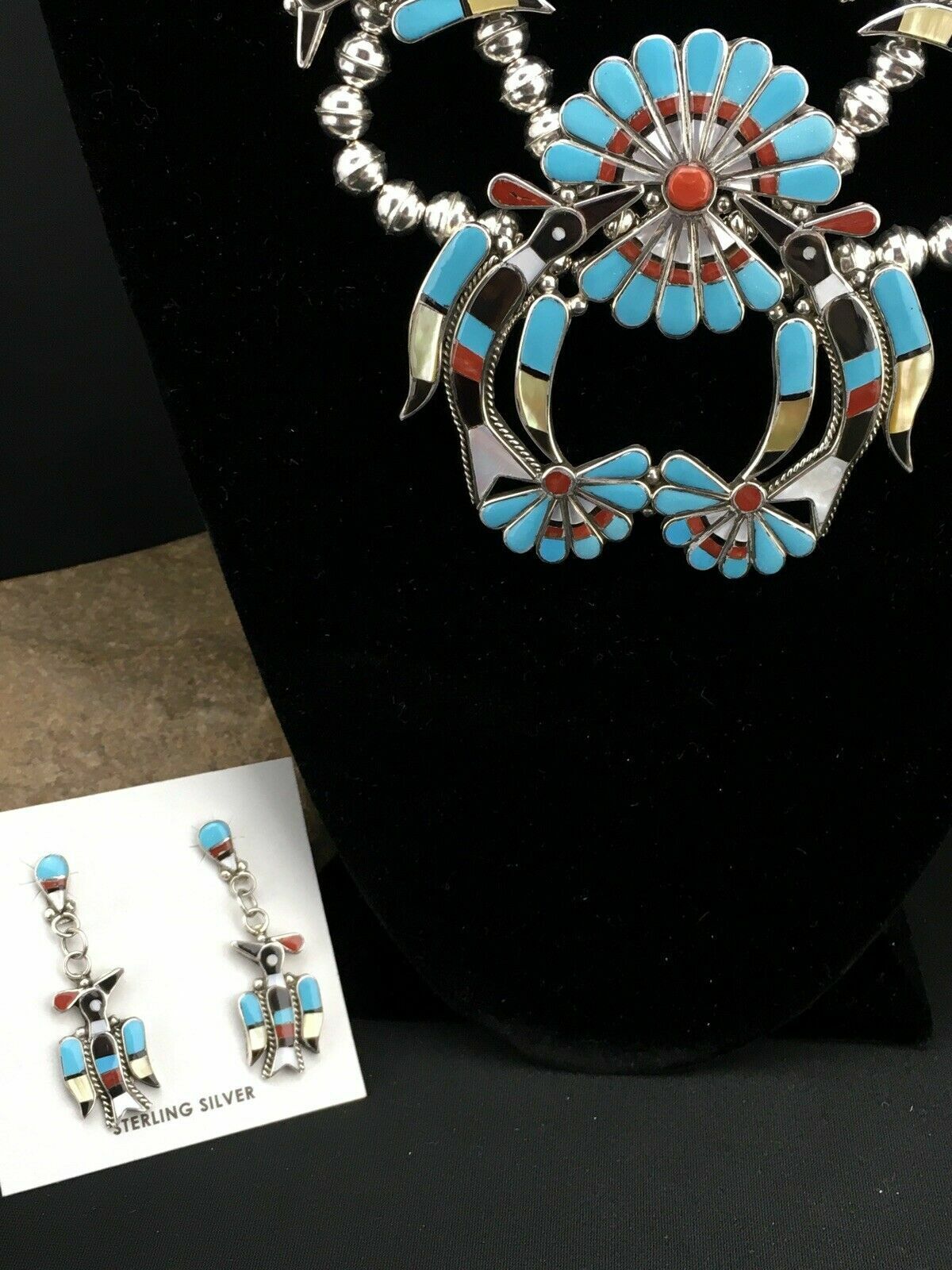 Zuni Peyote Bird Turquoise Squash Blossom Necklace Set | Sterling Silver | Native American Handmade | 1313